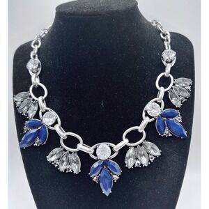 Silver‎ Tone Statement Necklace Navy Blue & Smoke Gray Stones 16"